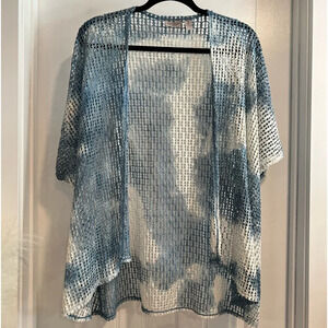 Easywear by Chicos Sky Blue & White Tie Dye Design Open Work Cardigan. Size 3.